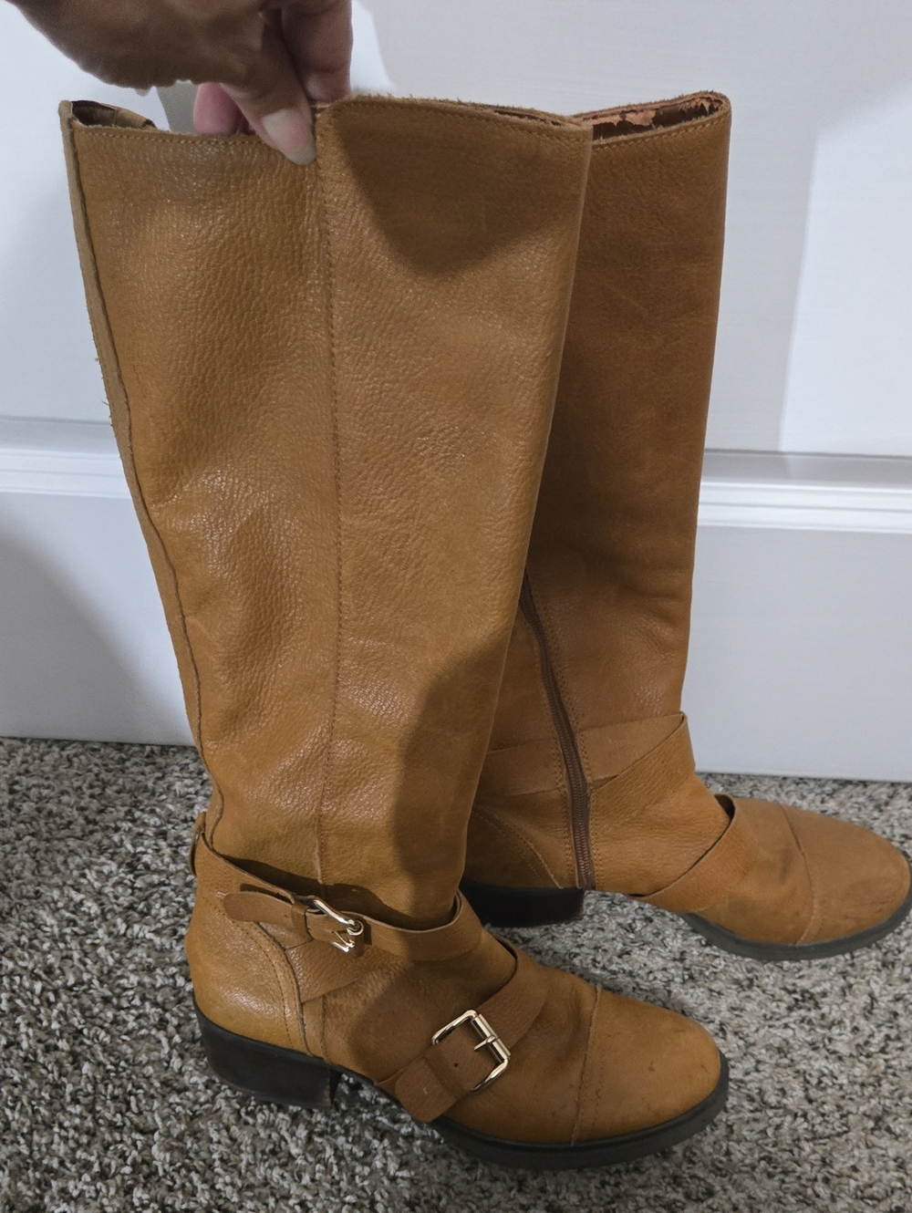BCBG Cognac Leather Over-the-Knee Buckle Boots